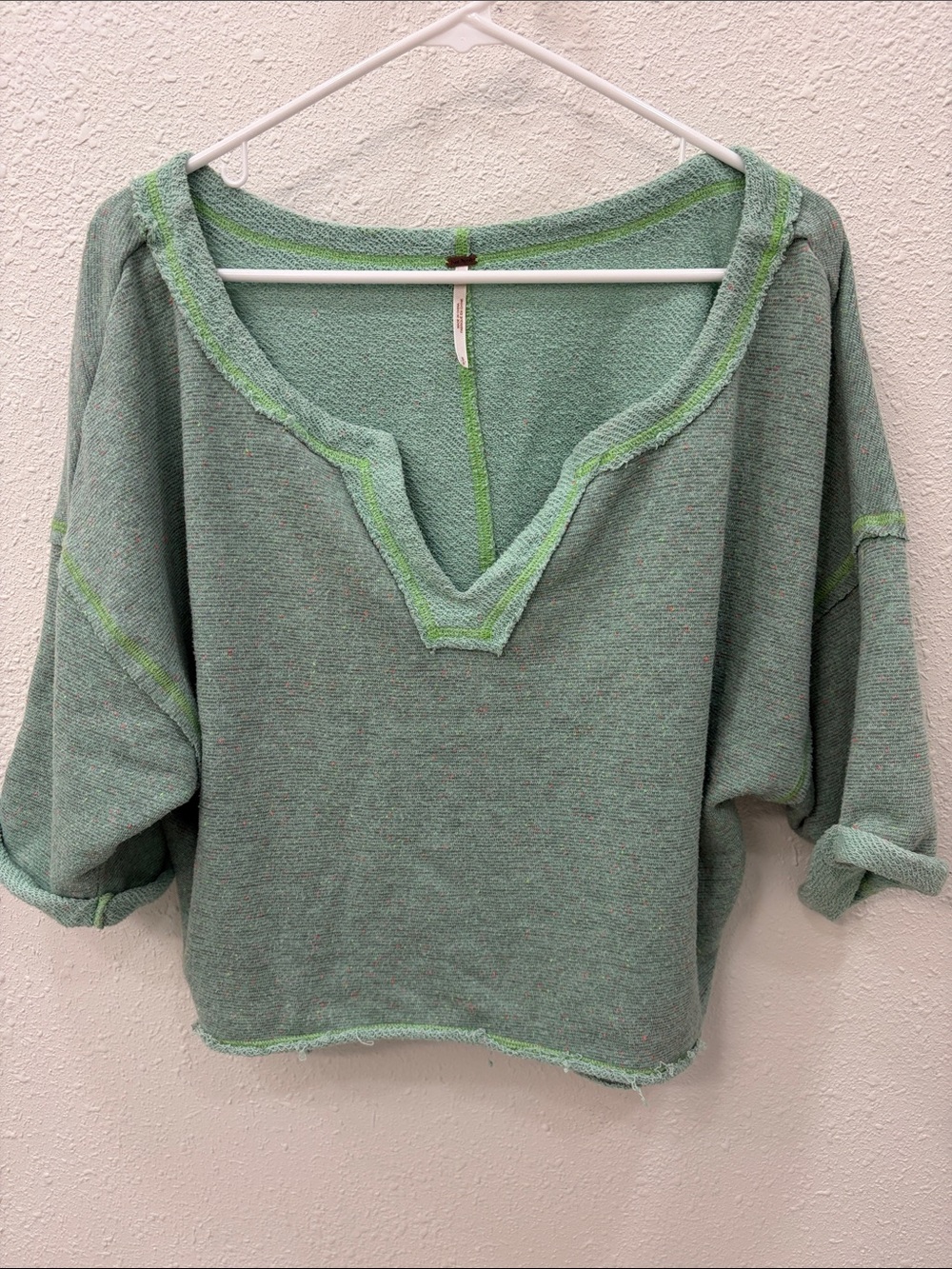 Free People Mint Green Textured V-Neck Pullover